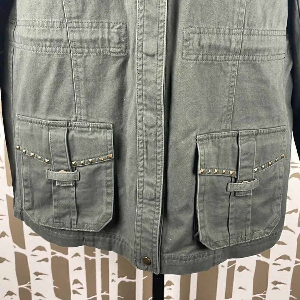 Democracy Olive Green Studded Lace Back Accent Cargo Jacket sz M - Picture 6 of 10
